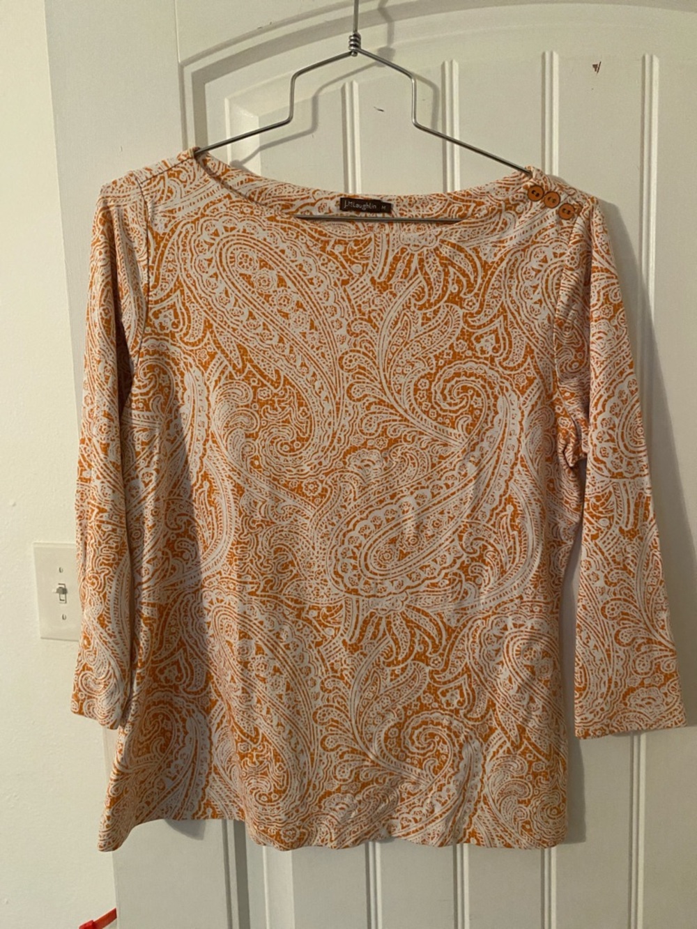 J.McLaughlin Cream and Orange Paisley Boatneck Top